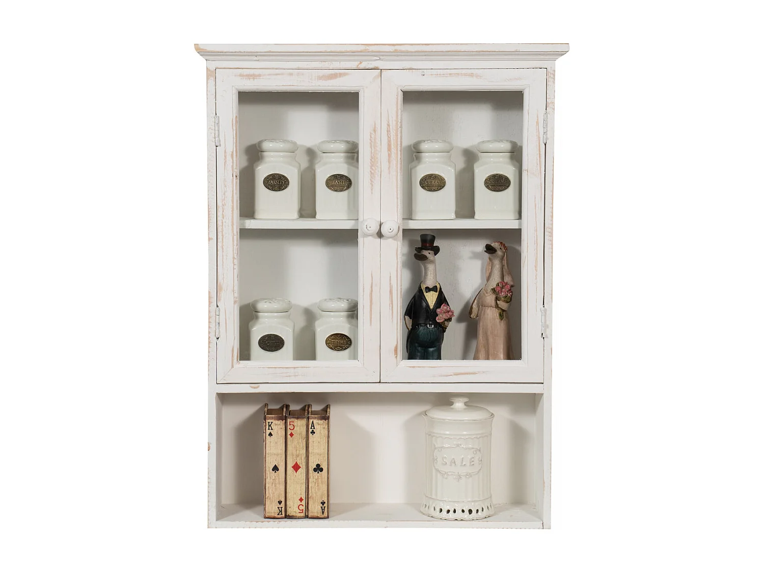 Caisson de cuisine 63x48x12 cm meuble haut - 3 étagères - 2 Portes Vitrées - Blanc Antique - HARMONIE - Meuble de salle de bain suspendu