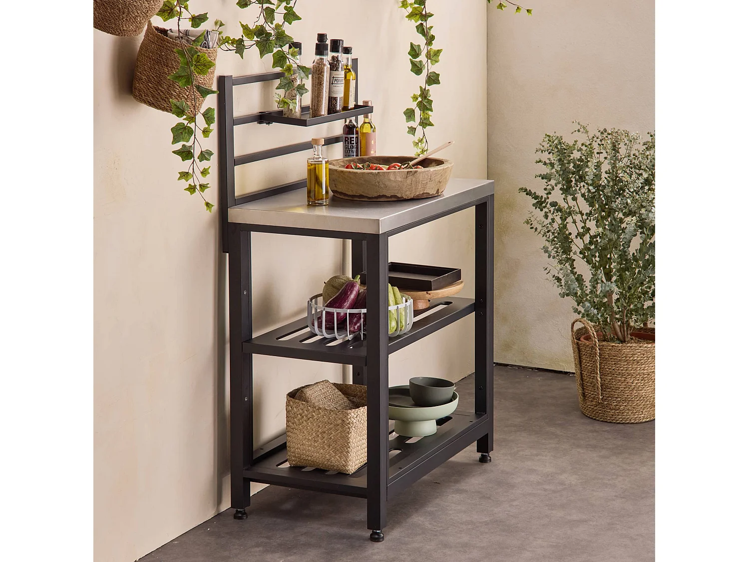 Mobile da esterno in acciaio 2 ripiani, 80cm, nero