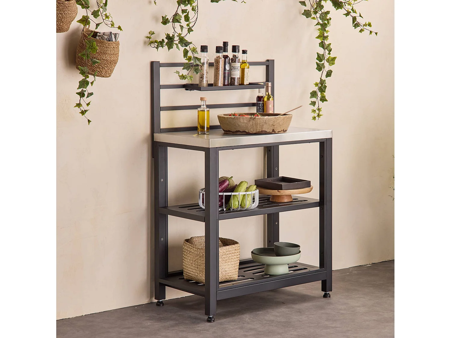 Mobile da esterno in acciaio 2 ripiani, 80cm, nero