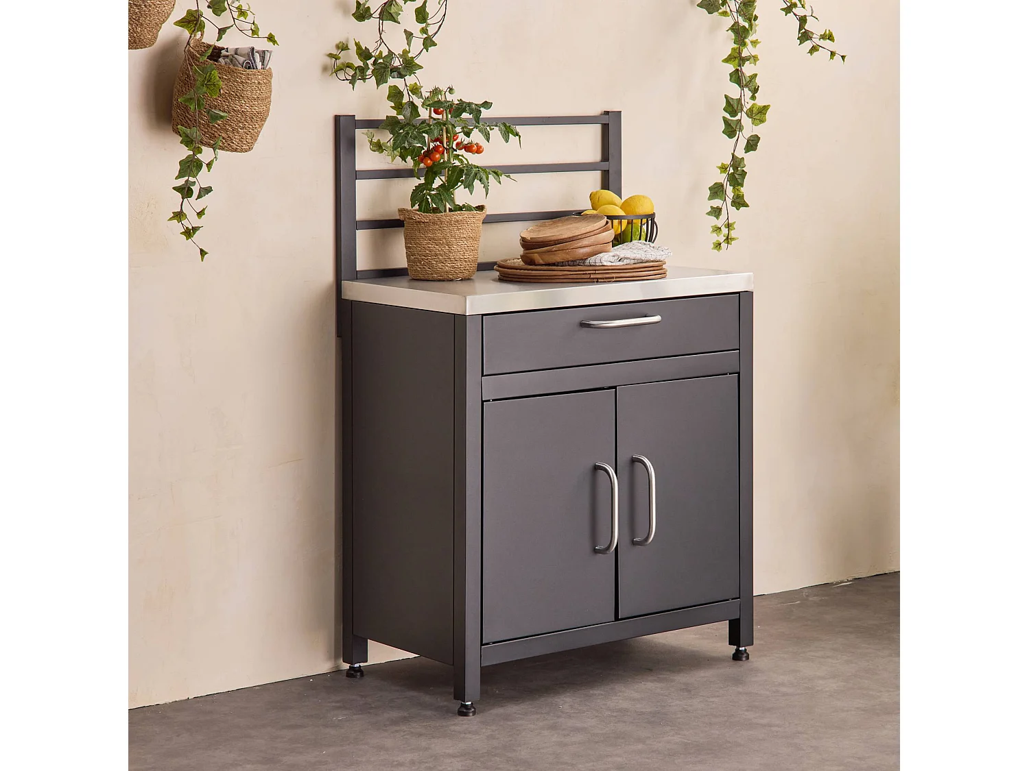 Cocina exterior de acero 1 cajón y 2 puertas, 80cm negro