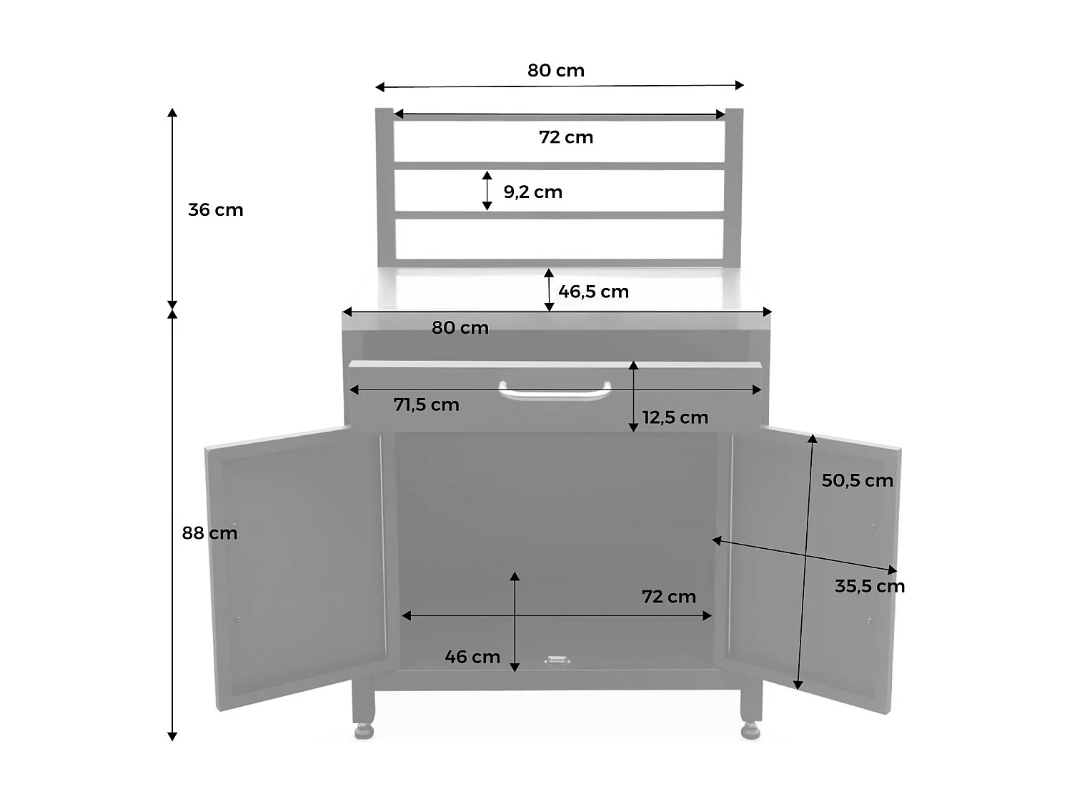 Cocina exterior de acero 1 cajón y 2 puertas, 80cm negro