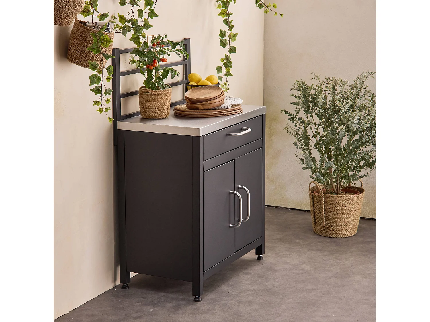 Meuble de cuisine extérieure en acier avec 1 tiroir et 1 porte et 1 grille de suspension L80