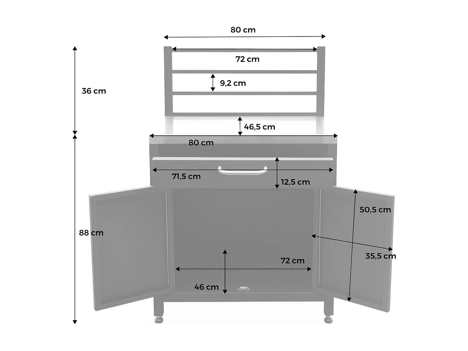 Meuble de cuisine extérieure en acier avec 1 tiroir et 1 porte et 1 grille de suspension L80