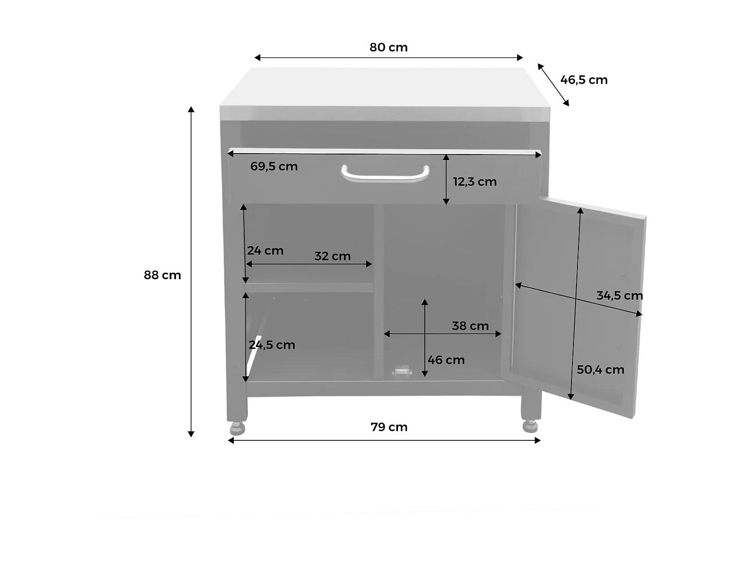 Cocina exterior de acero 1 cajón y 1 puerta, 80cm negro