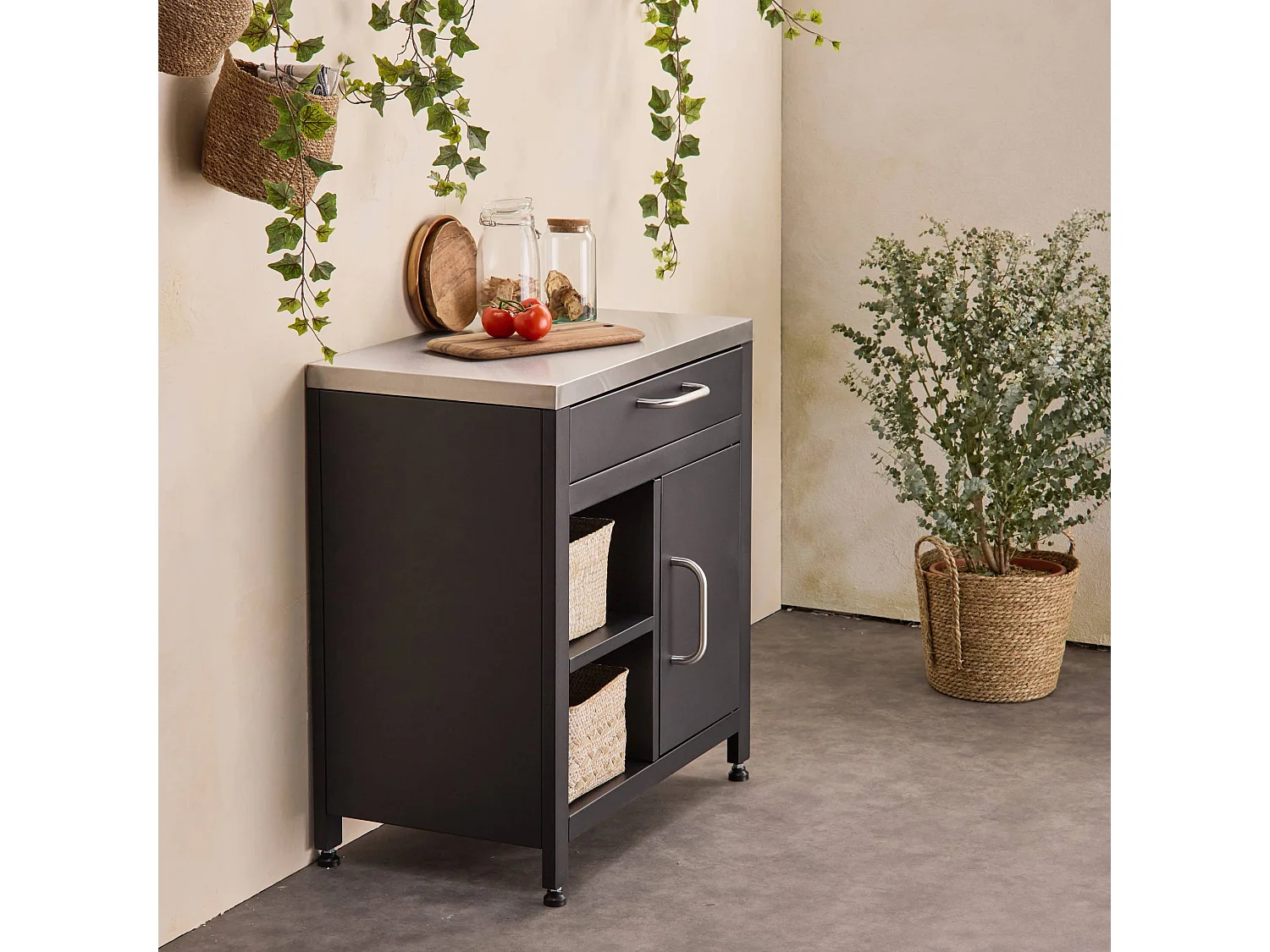 Mobile da esterno in acciaio 1 cassetto e 1 anta, 80cm, nero