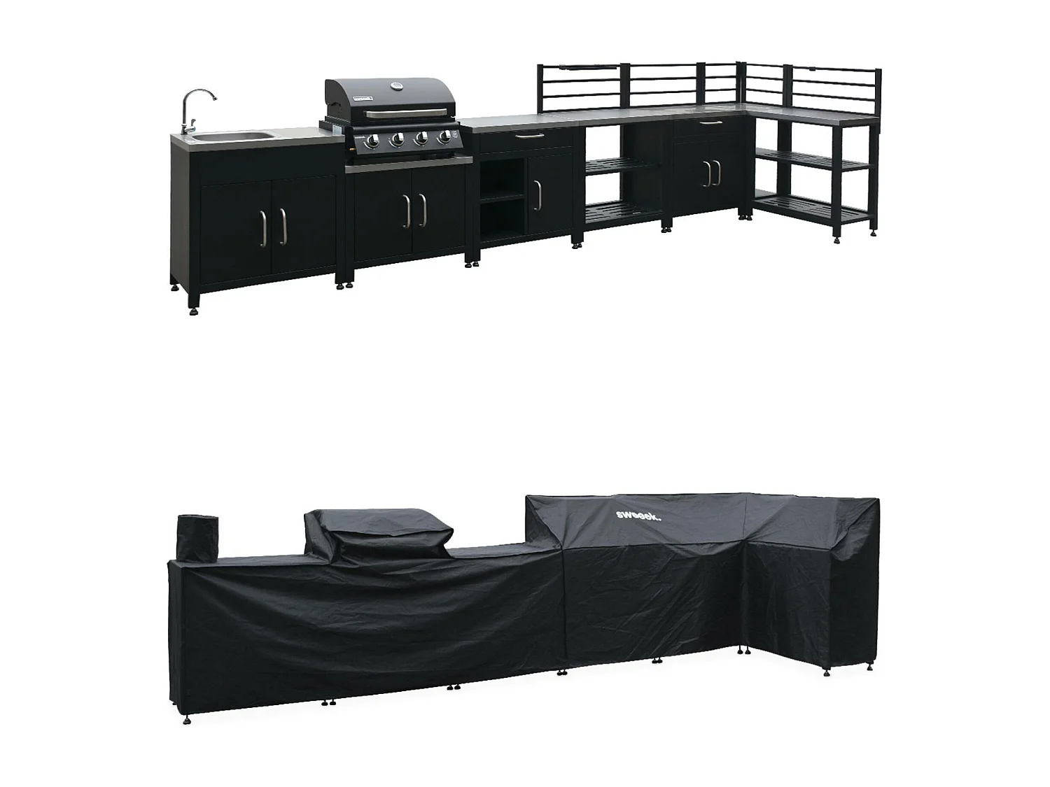 Set di mobili da cucina completa con barbecue + copertura, nero