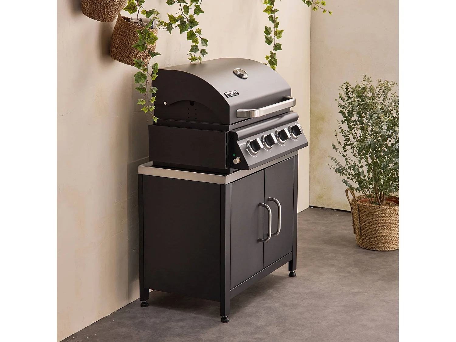 Barbacoa de gas de 4 quemadores de mesa + cocina exterior de acero,