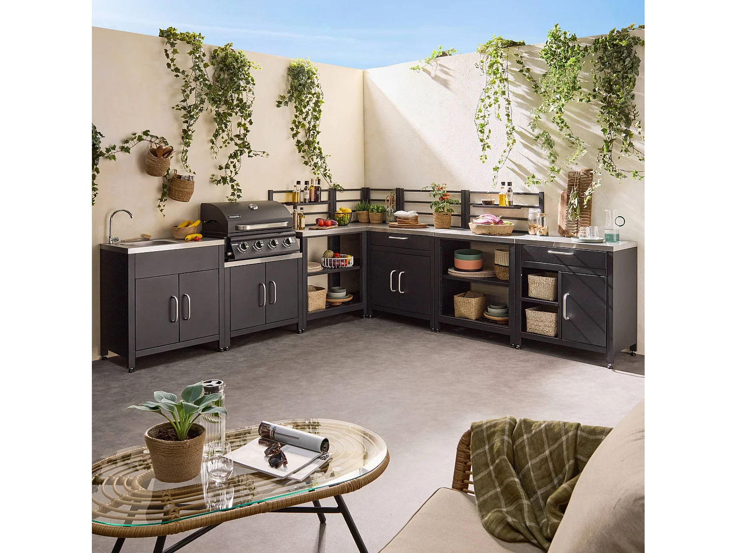 Cucina da esterno, 6 moduli + barbecue a gas, 4 bruciatori, nero
