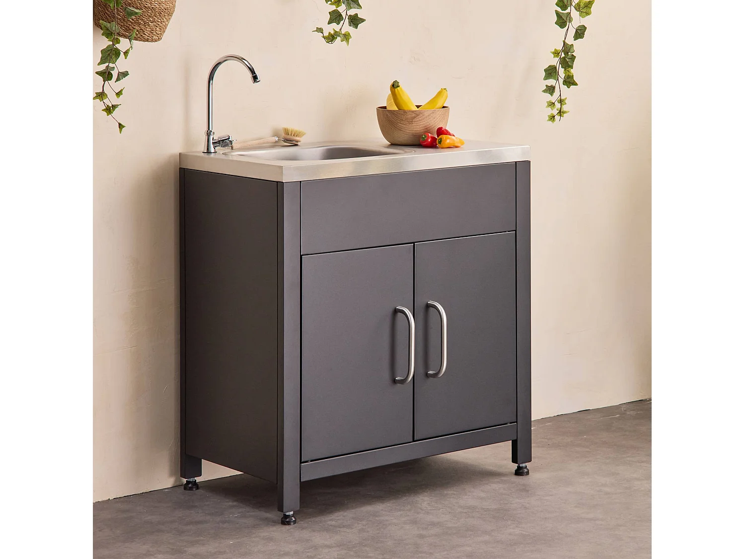 Cocina exterior de acero con fregadero de 80cm negro