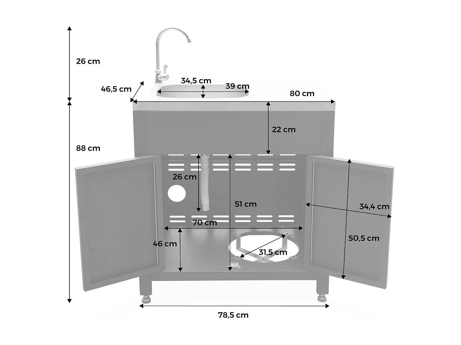 Cocina exterior de acero con fregadero de 80cm negro