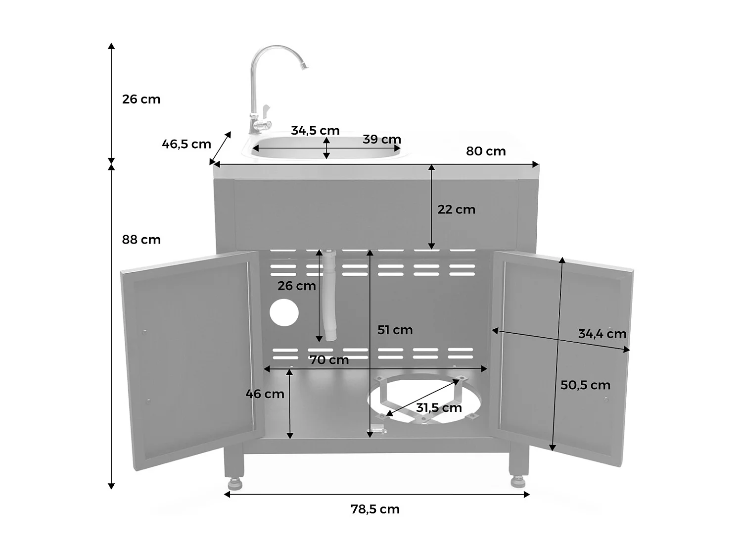 Cocina exterior de acero con fregadero de 80cm negro