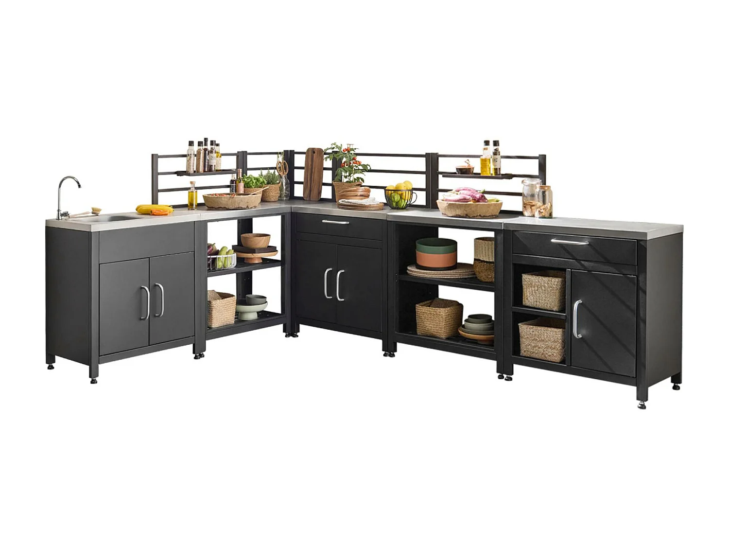 Cocina exterior completa de acero inoxidable de 6 módulos negro