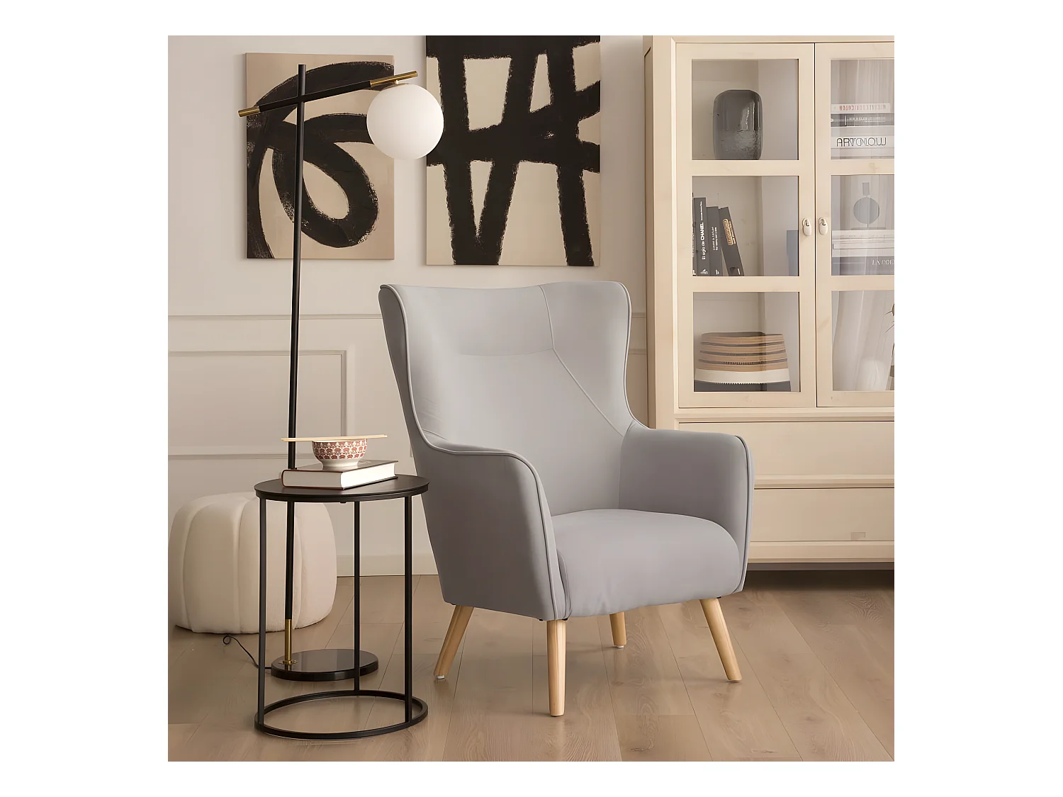 Fauteuil en tissu et bois Gris Perle (631) 88x100