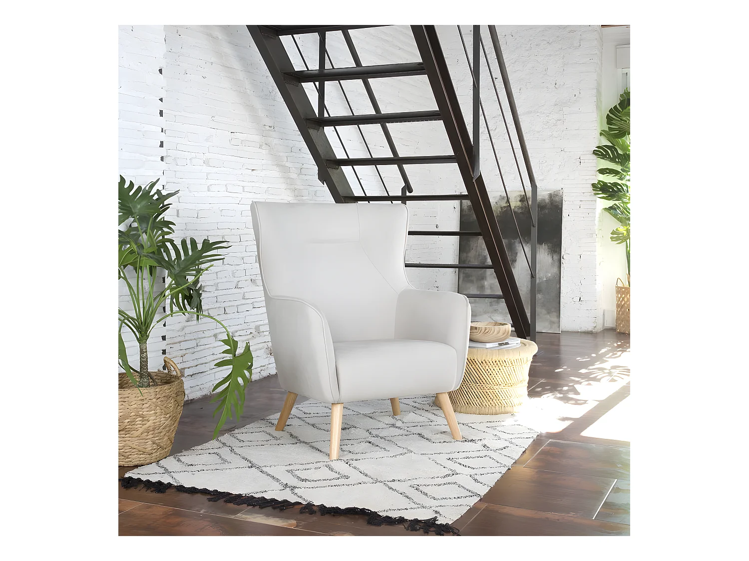Fauteuil en tissu et bois Beige (630) 88x100