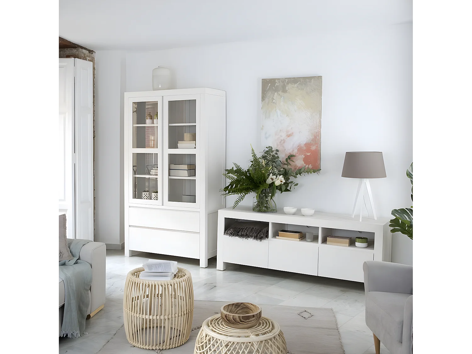 Vetrina legno massello e pannello in mdf bianco 45x185