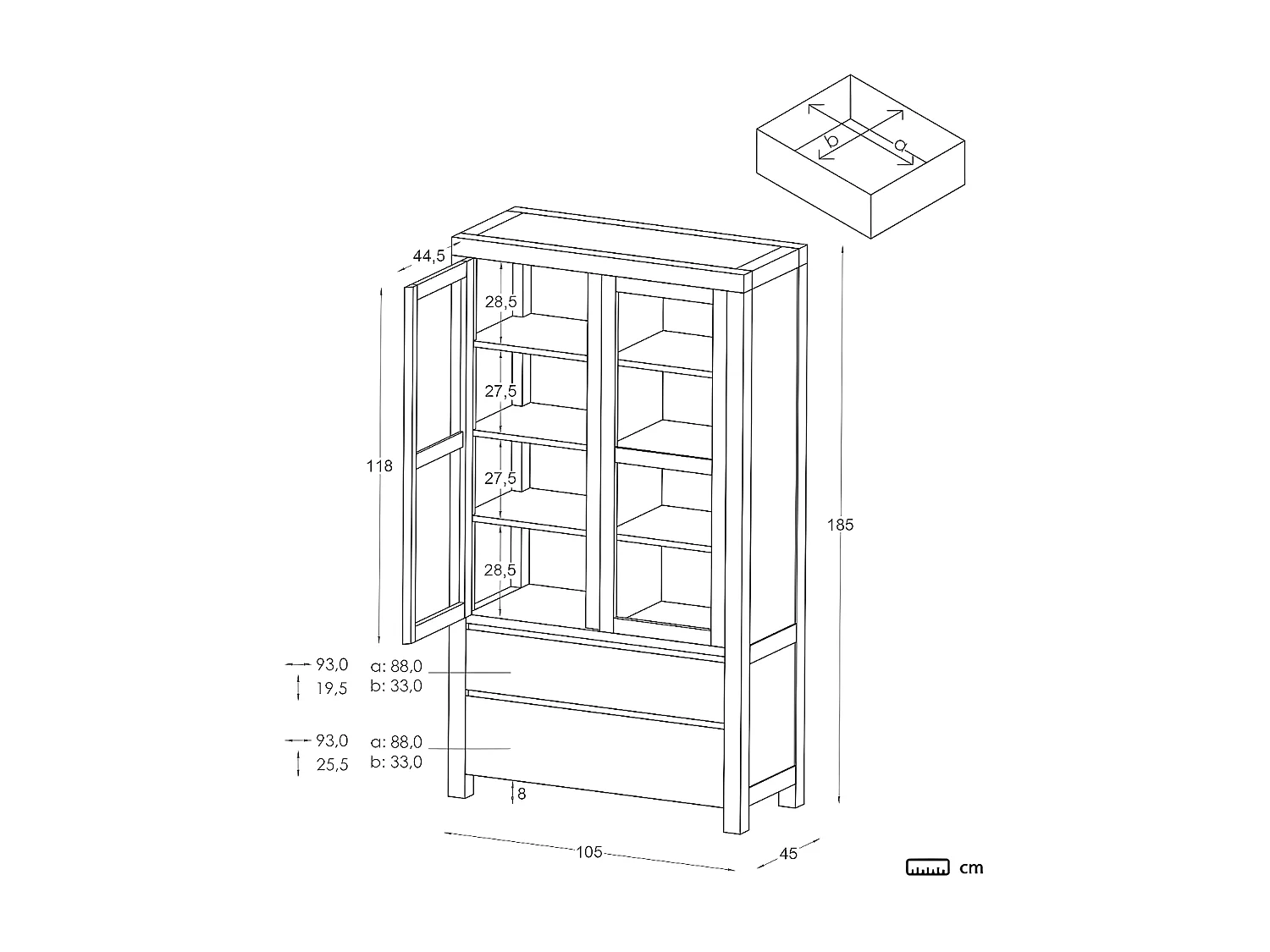 Vetrina legno massello e pannello in mdf bianco 45x185