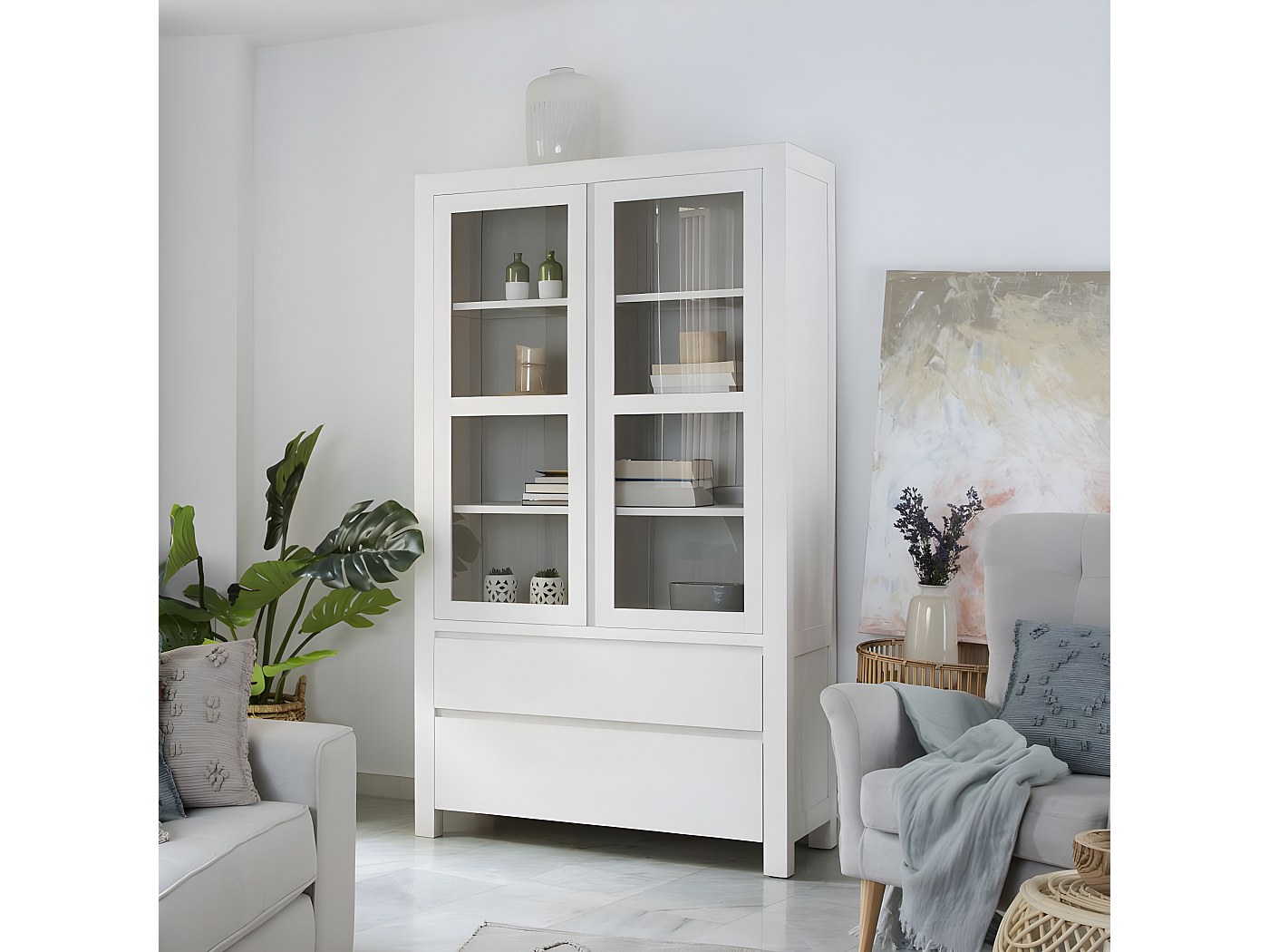 Vetrina Da Collezione In Legno E Vetro Lumo Maxi Con Specchio – Bianco, 115x59x18 Cm, 8 Ripiani
