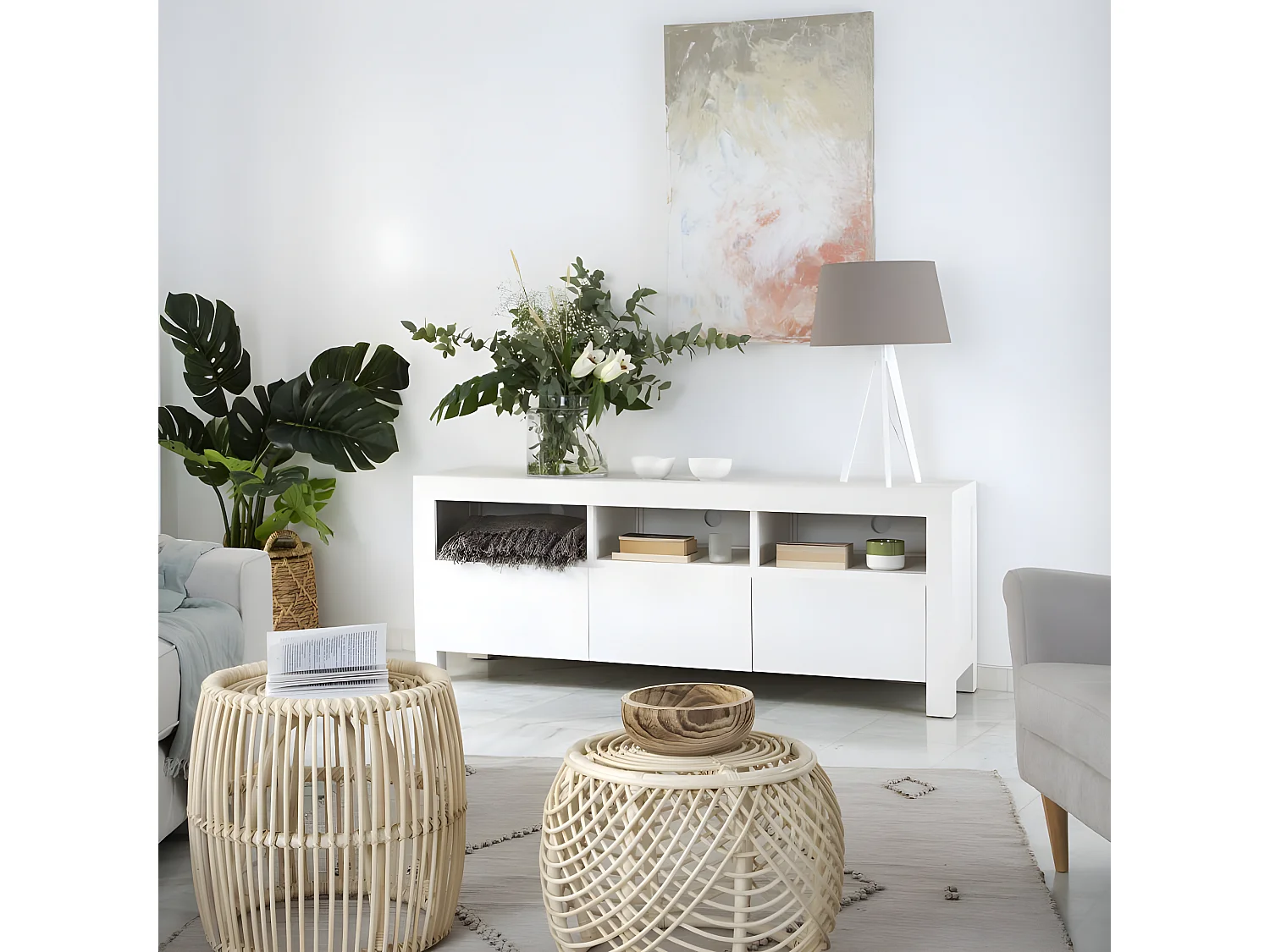 Meuble tv en bois massif blanc 162x61