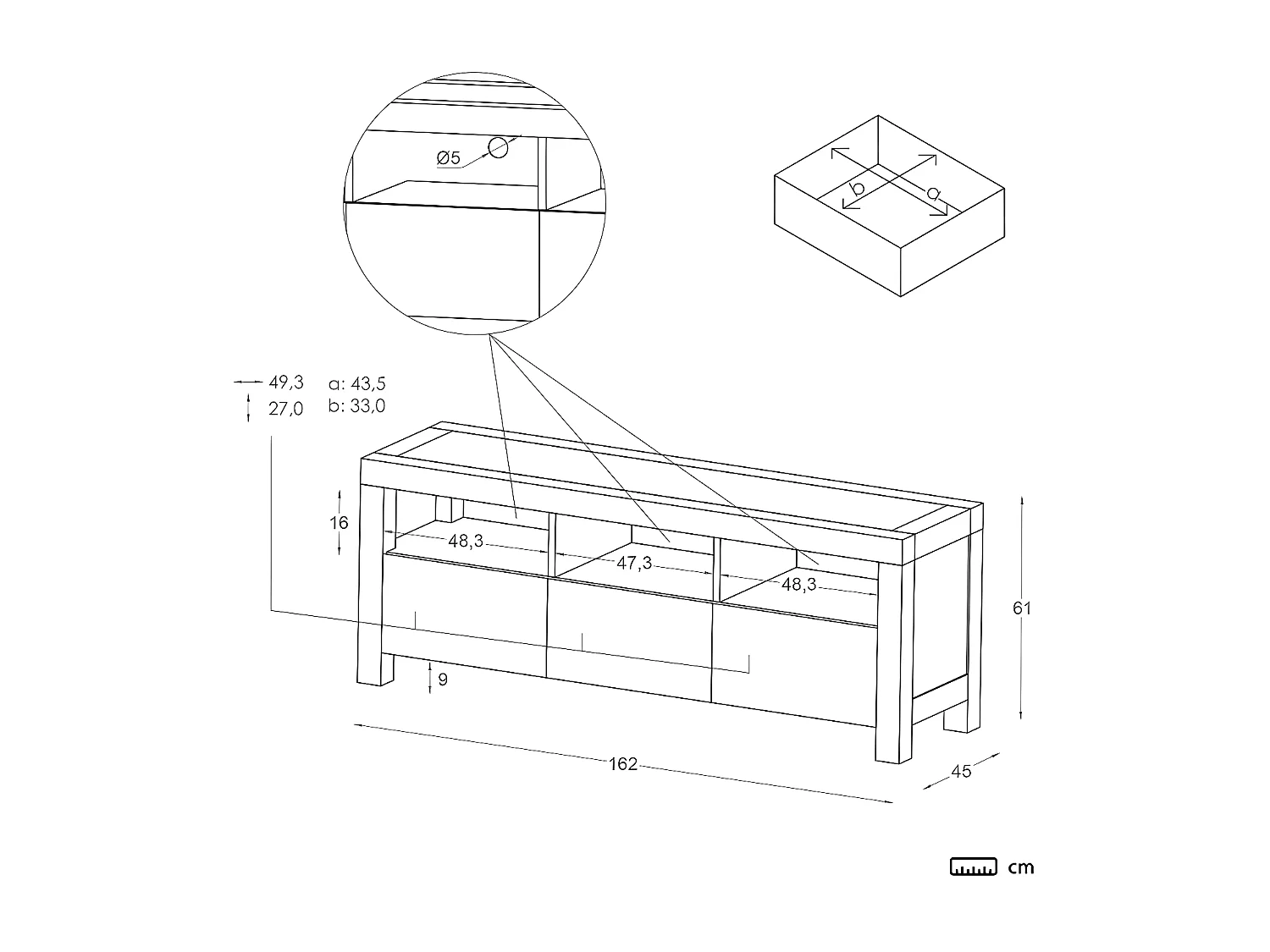 Meuble tv en bois massif blanc 162x61