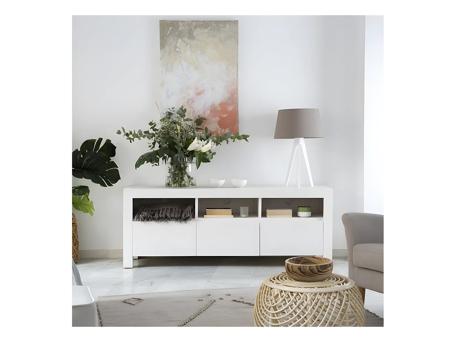 Meuble tv en bois massif blanc 162x61
