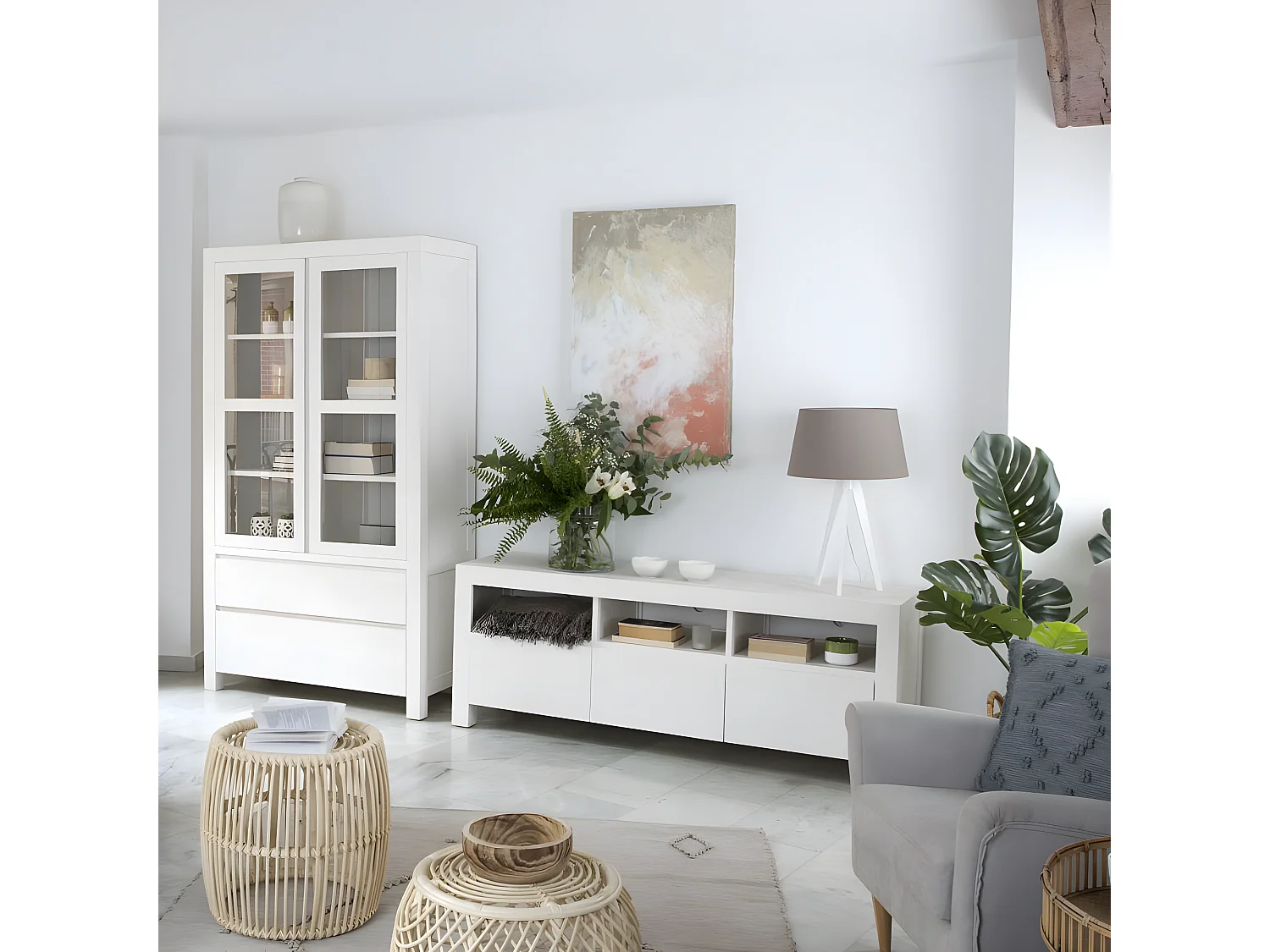 Meuble tv en bois massif blanc 162x61