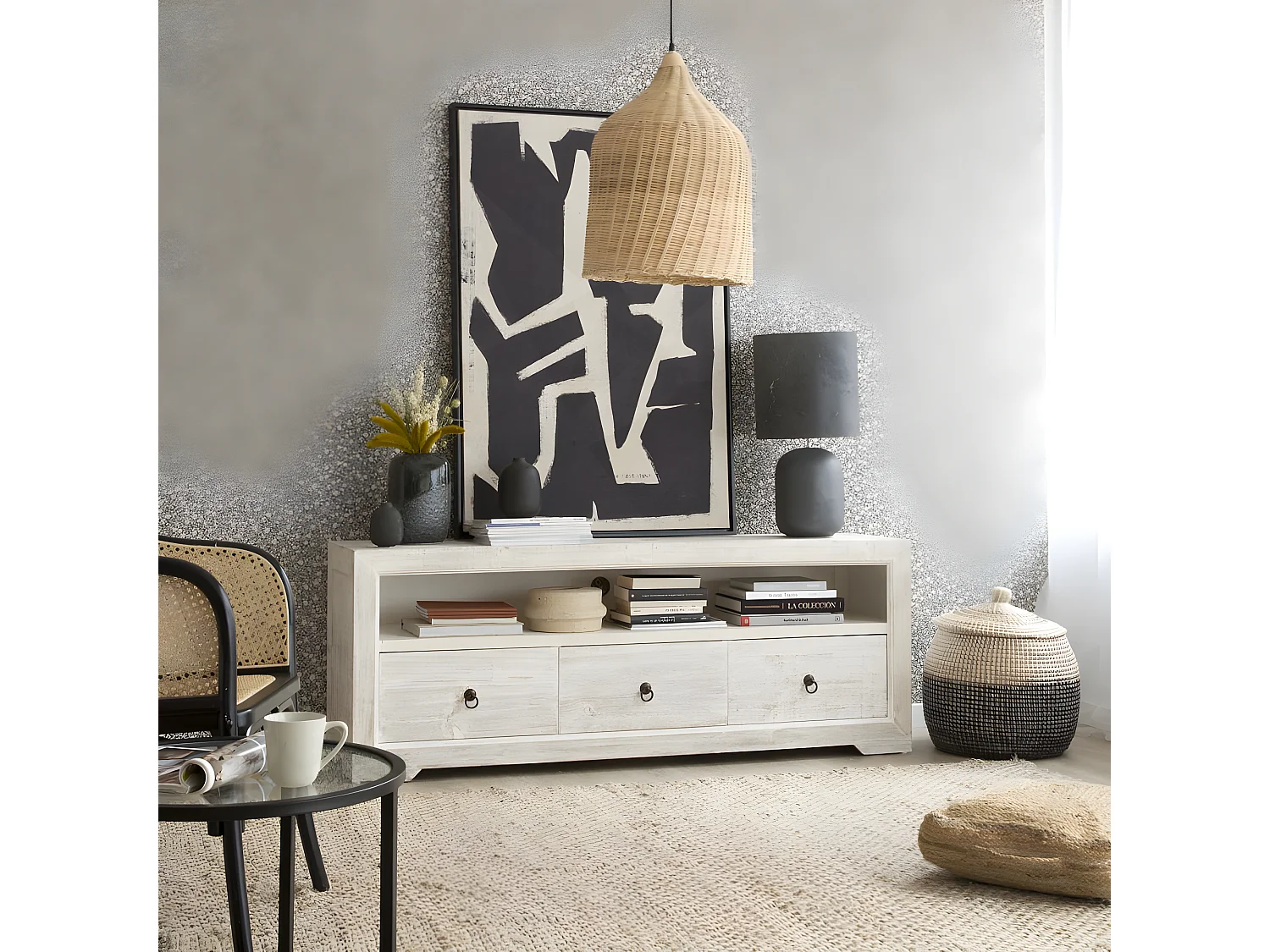 Meuble tv en bois massif blanc 160x60