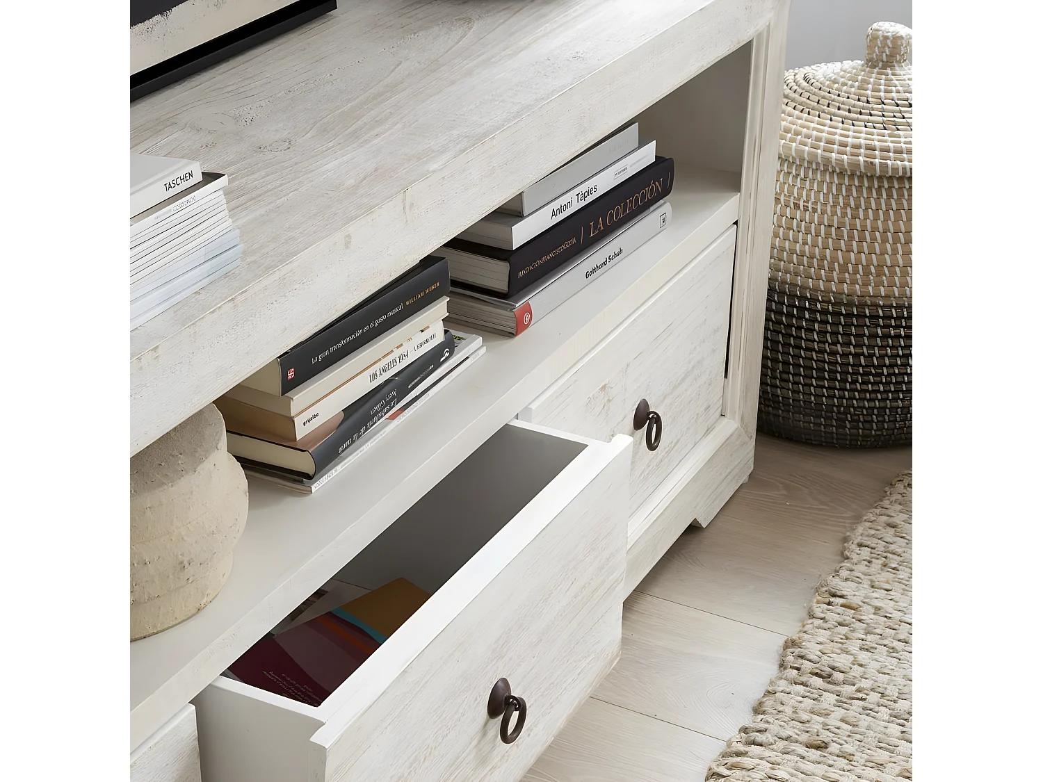 Meuble tv en bois massif blanc 160x60