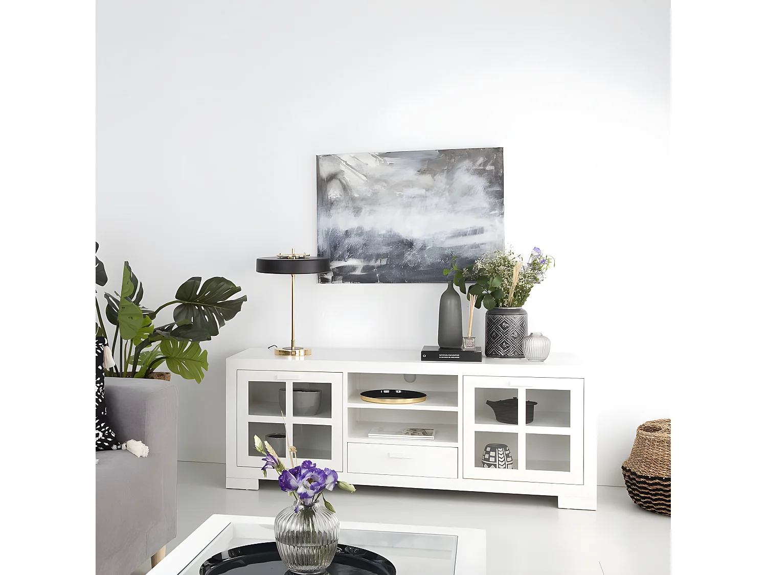 Meuble tv en bois massif blanc 160x60