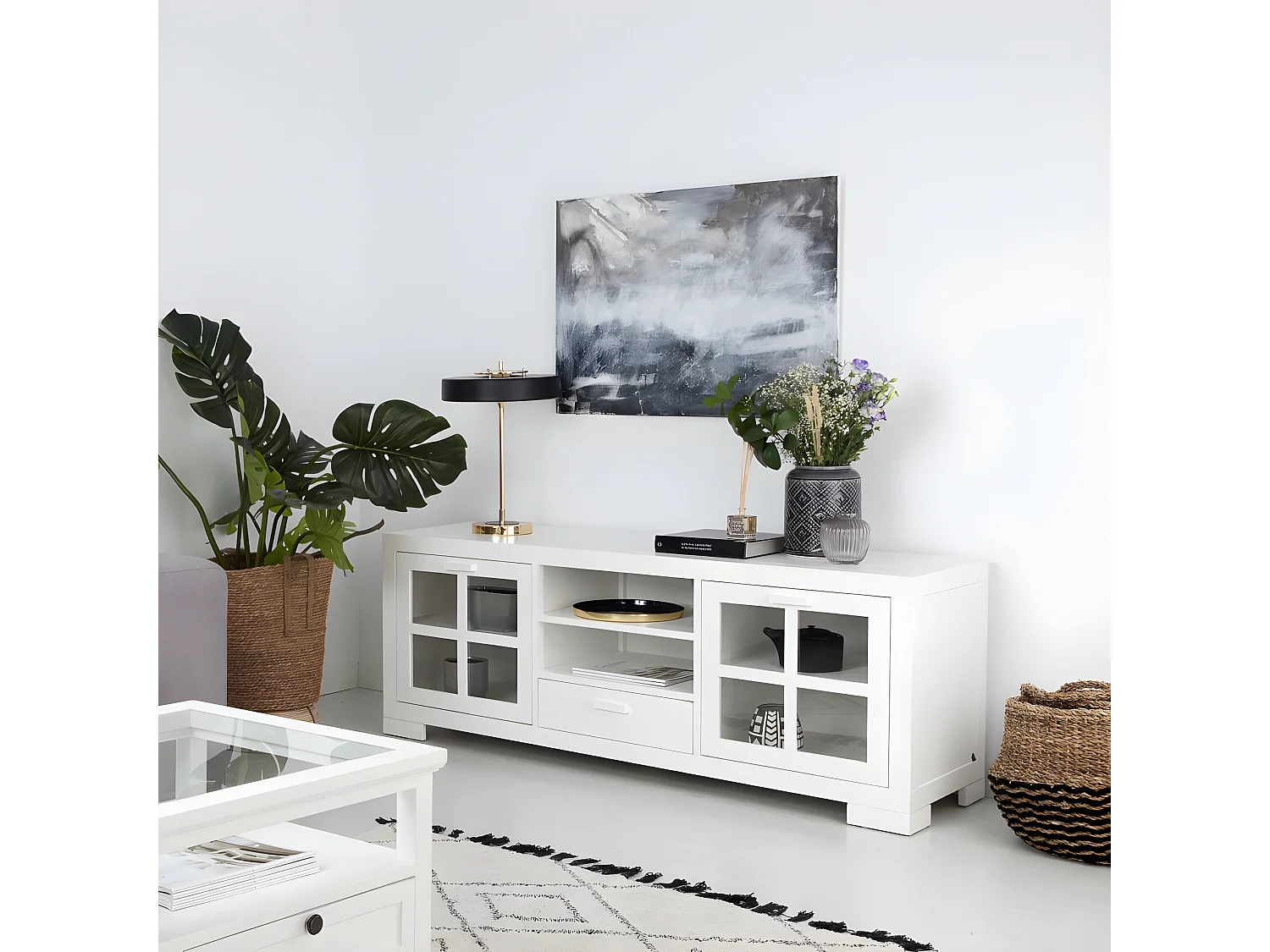 Meuble tv en bois massif blanc 160x60