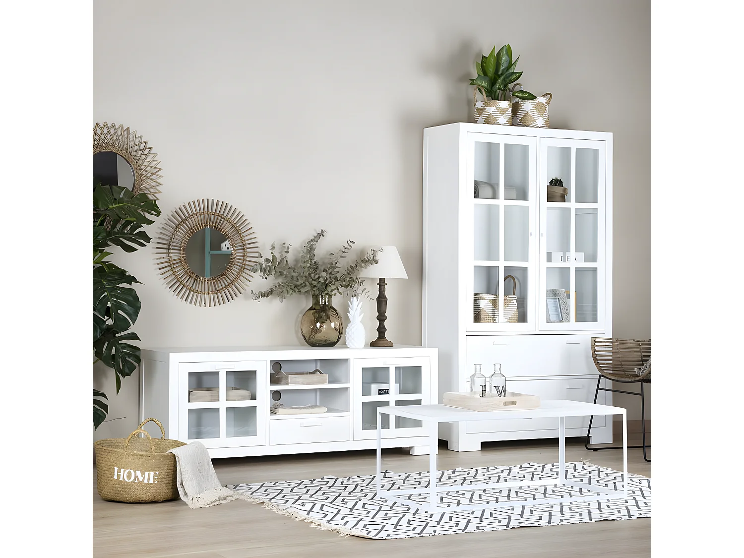 Meuble tv en bois massif blanc 160x60