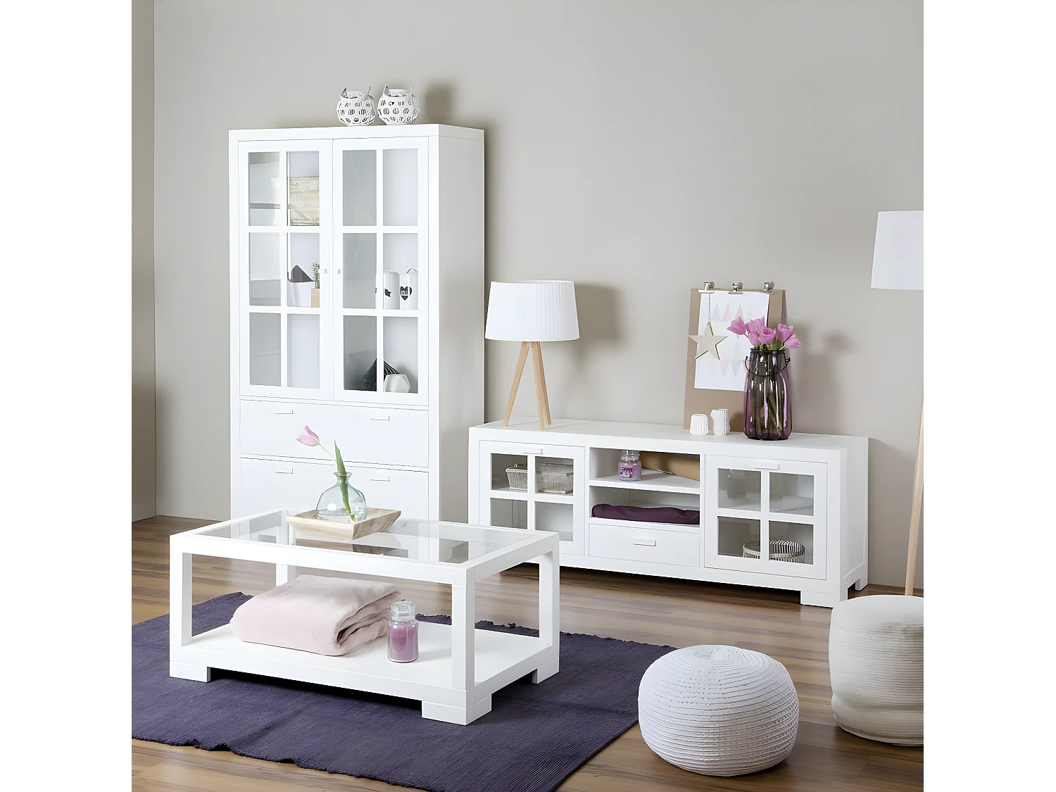 Meuble tv en bois massif blanc 160x60