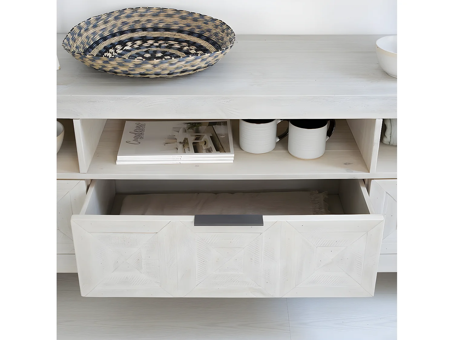 Meuble tv en bois massif blanc 173x62