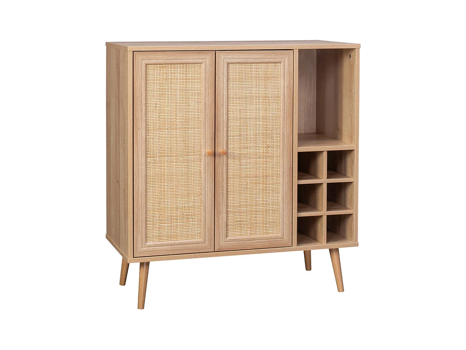 Buffet range bouteilles portes en cannage et décor bois avec casiers. buffet haut. vaisselier. 83cm