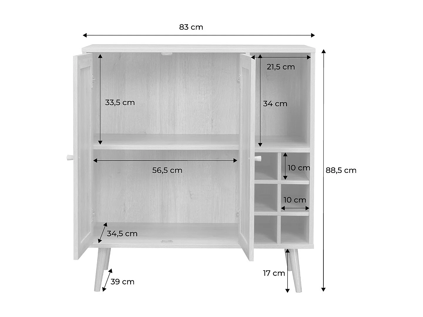Aparador con portabotellas, mimbre y decoración de madera, 83cm