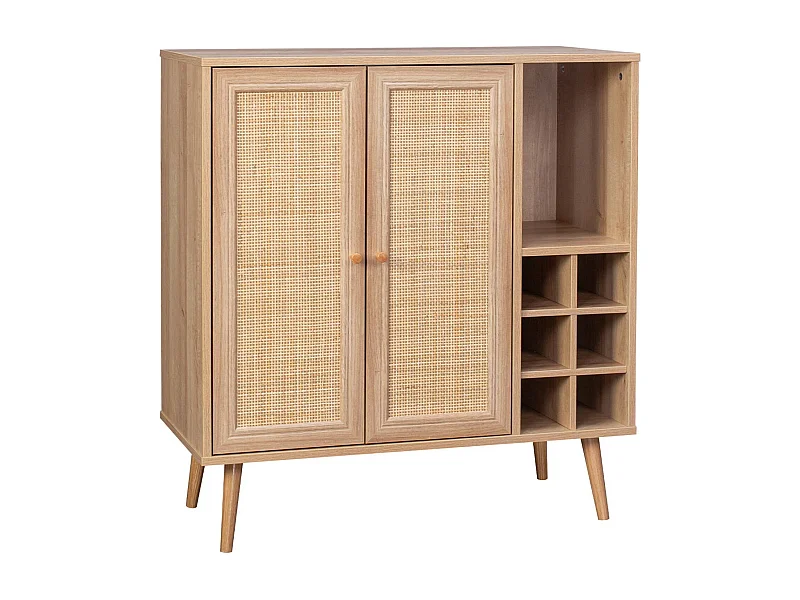 Buffet range bouteilles portes en cannage et décor bois avec casiers. buffet haut. vaisselier. 83cm