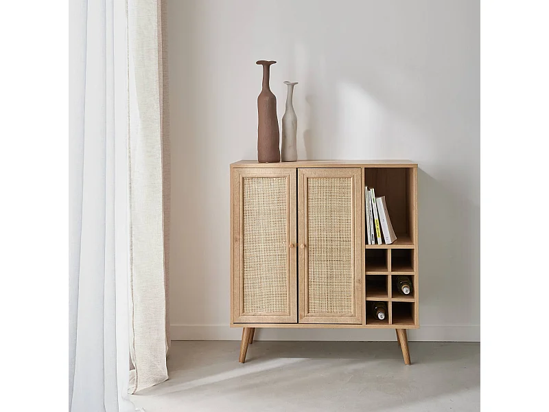 Buffet range bouteilles portes en cannage et décor bois avec casiers. buffet haut. vaisselier. 83cm