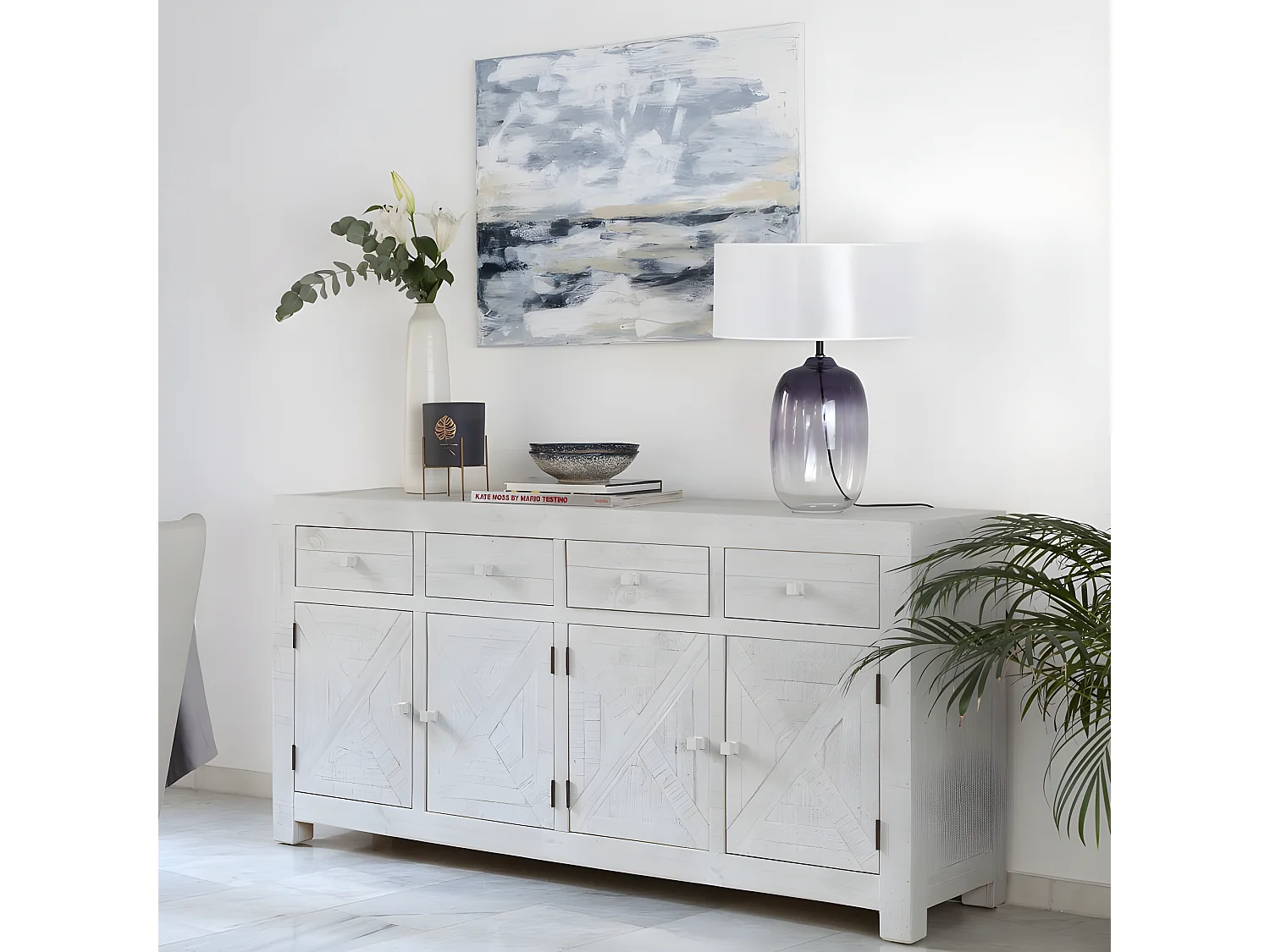 Credenza tavola in legno massello e tavola in mdf bianco 45x85