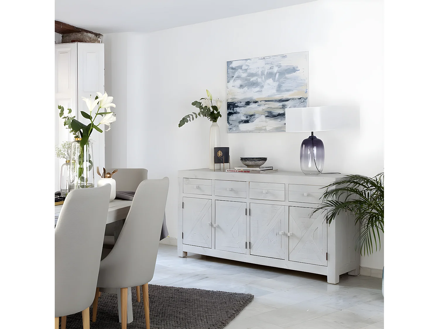 Credenza tavola in legno massello e tavola in mdf bianco 45x85
