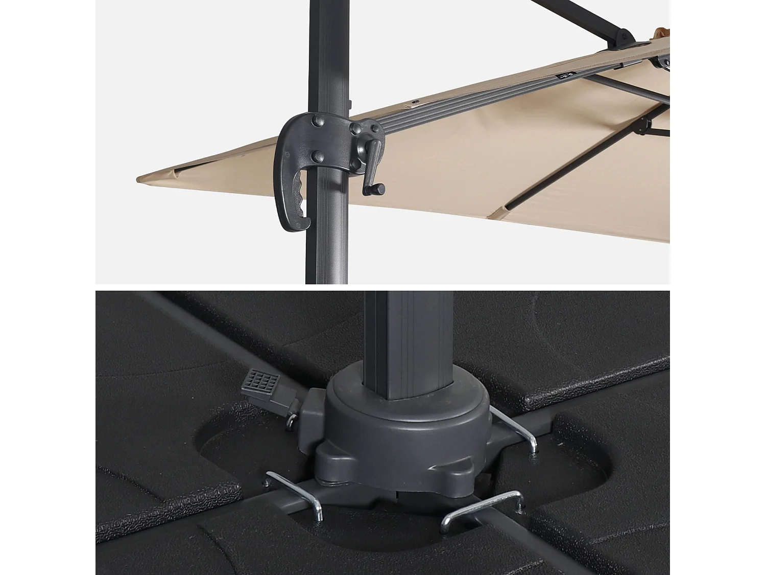 Ombrellone decentrato quadrato 3x3m + set di 4 piastrelle 50x50cm,