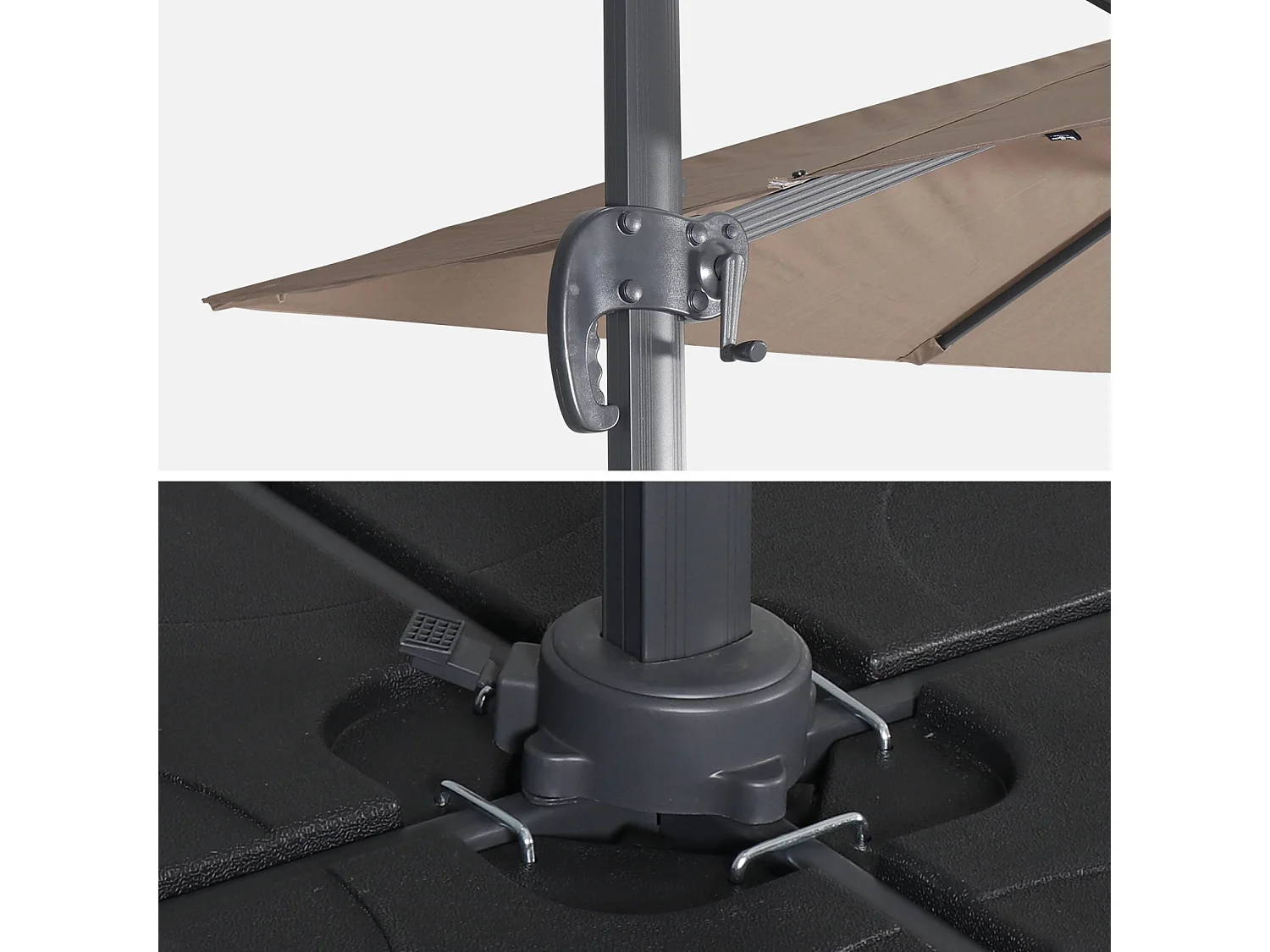 Ombrellone decentrato quadrato 3x3m + set di 4 piastrelle 50x50cm,