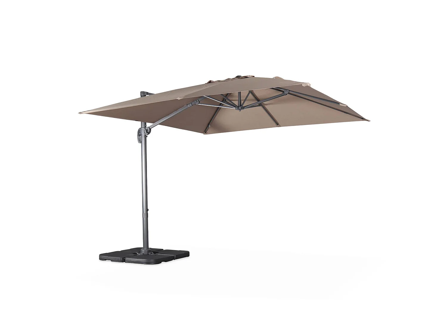 Parasol déporté carré taupe 3x3m structure grise + Lot de 4 dalles à lester 50x50cm