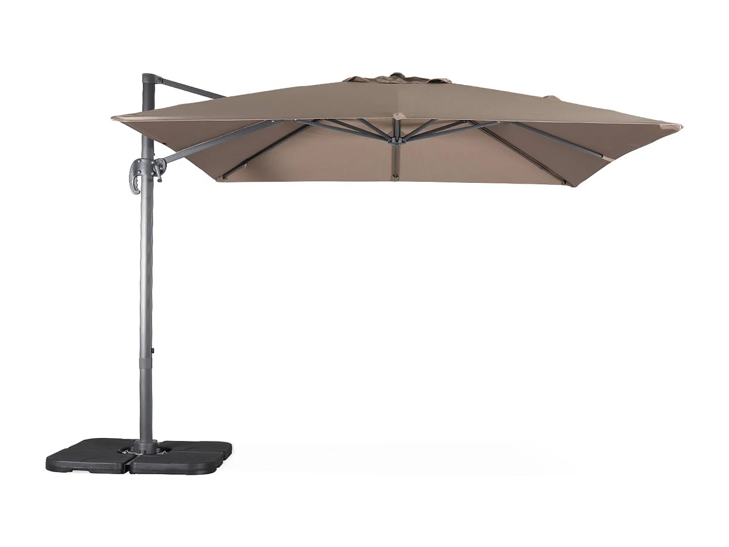 Parasol déporté carré taupe 3x3m structure grise + Lot de 4 dalles à lester 50x50cm