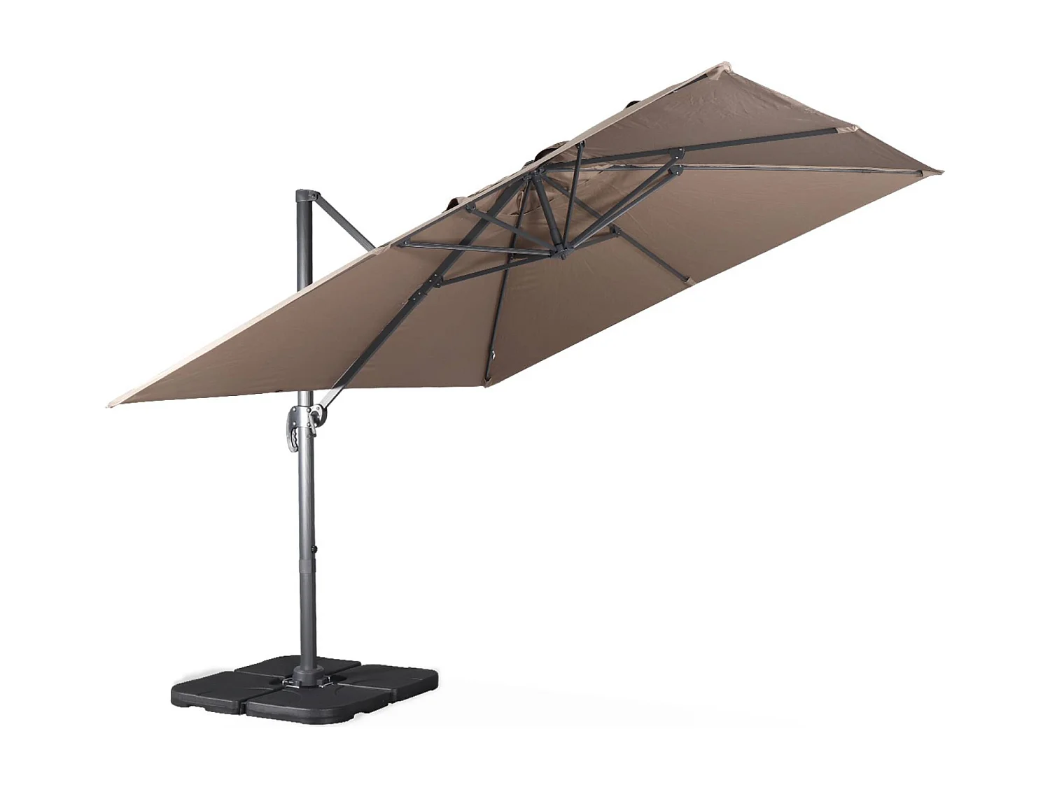 Parasol déporté carré taupe 3x3m structure grise + Lot de 4 dalles à lester 50x50cm