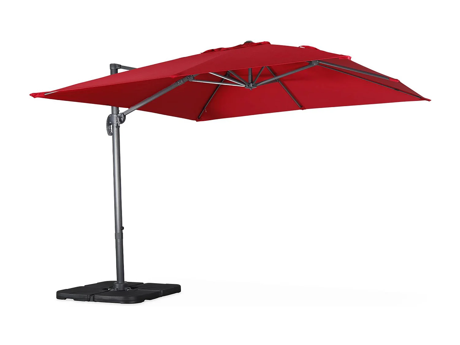 Parasol déporté carré rouge 3x3m structure grise + Lot de 4 dalles à lester 50x50cm