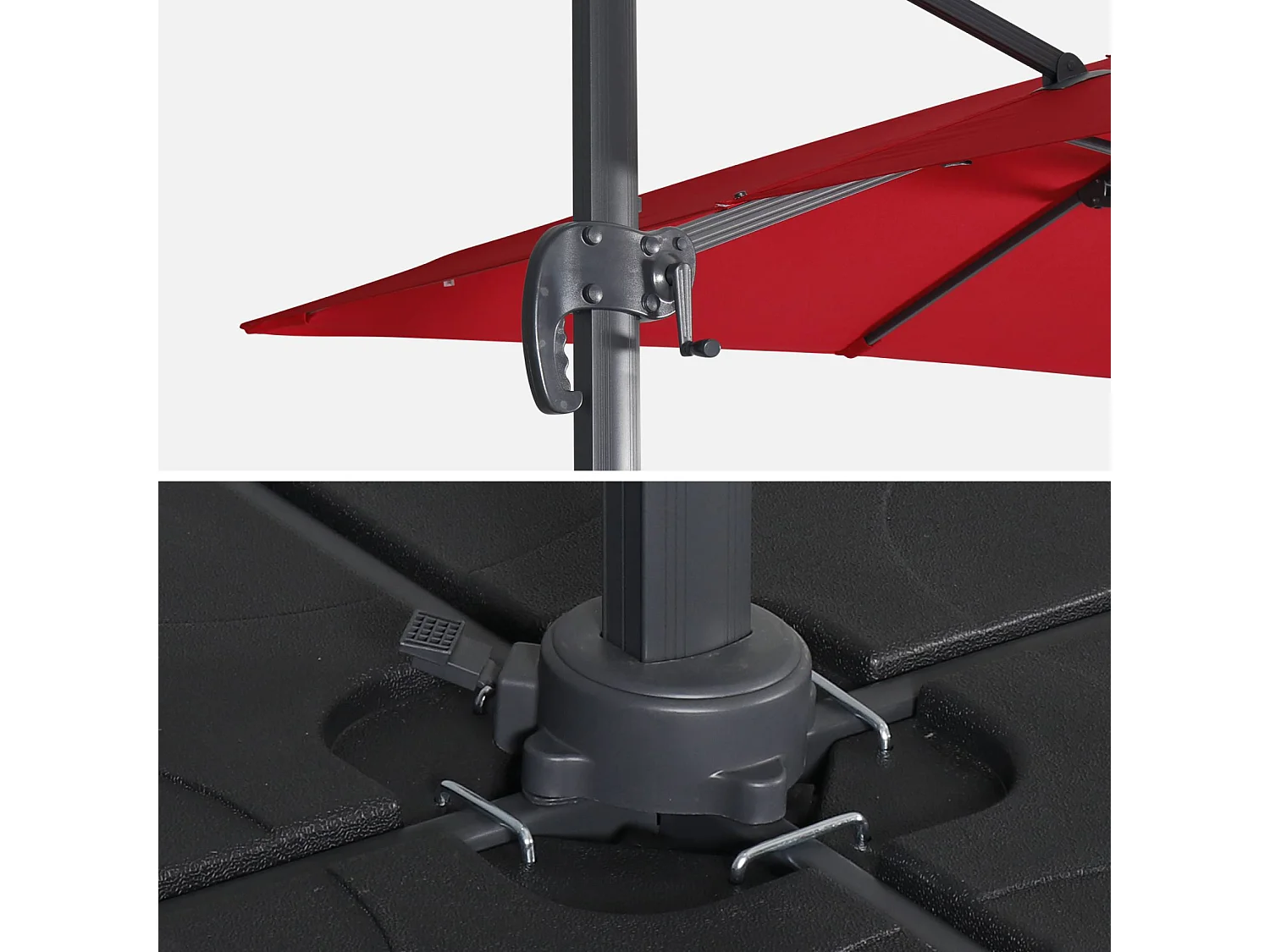 Parasol déporté carré rouge 3x3m structure grise + Lot de 4 dalles à lester 50x50cm