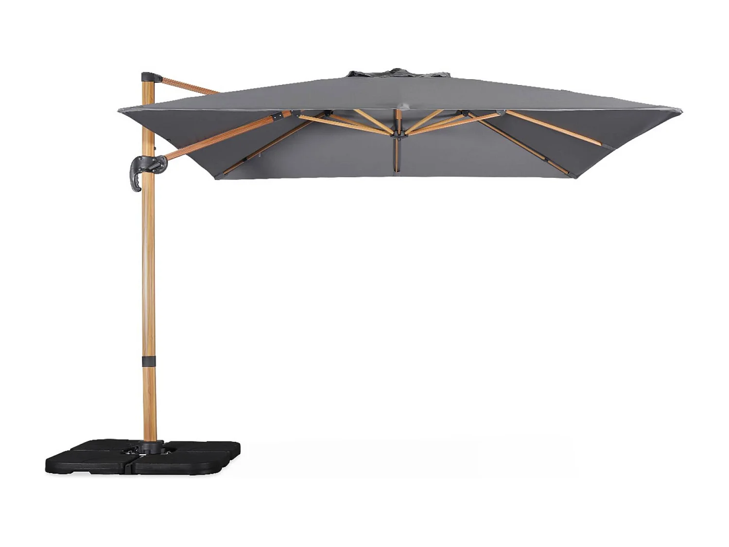 Ombrellone decentrato quadrato 3x3m, palo effetto legno + piastrelle