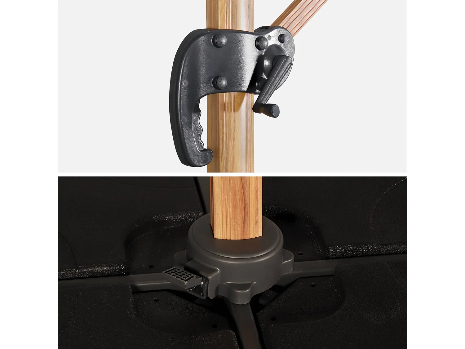 Ombrellone decentrato quadrato 3x3m, palo effetto legno + piastrelle