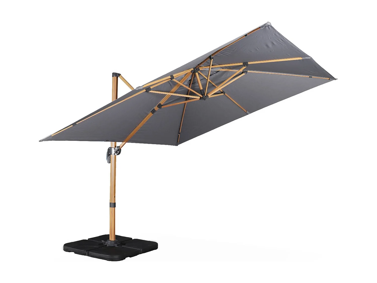 Ombrellone decentrato quadrato 3x3m, palo effetto legno + piastrelle