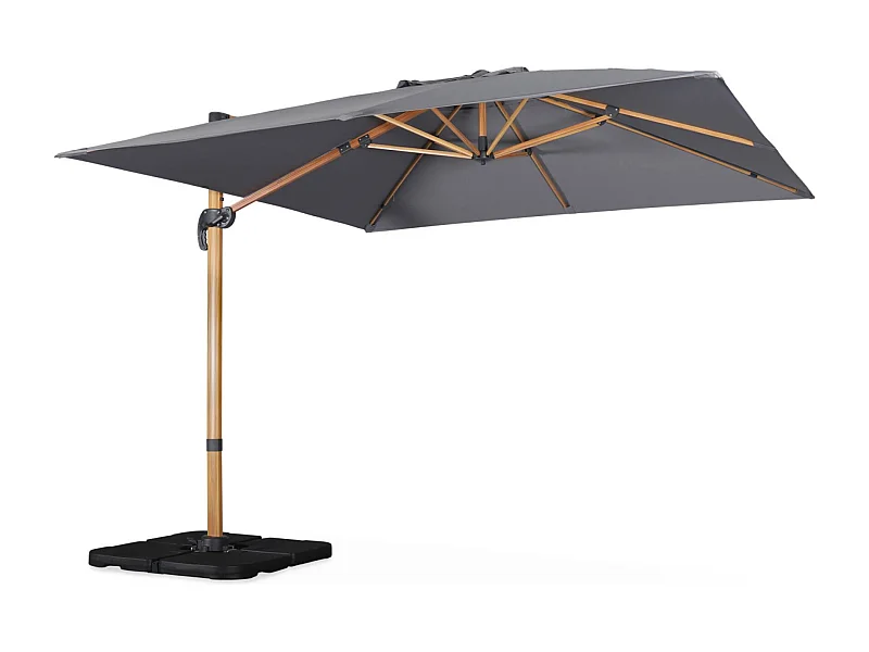 Ombrellone decentrato quadrato 3x3m, palo effetto legno + piastrelle