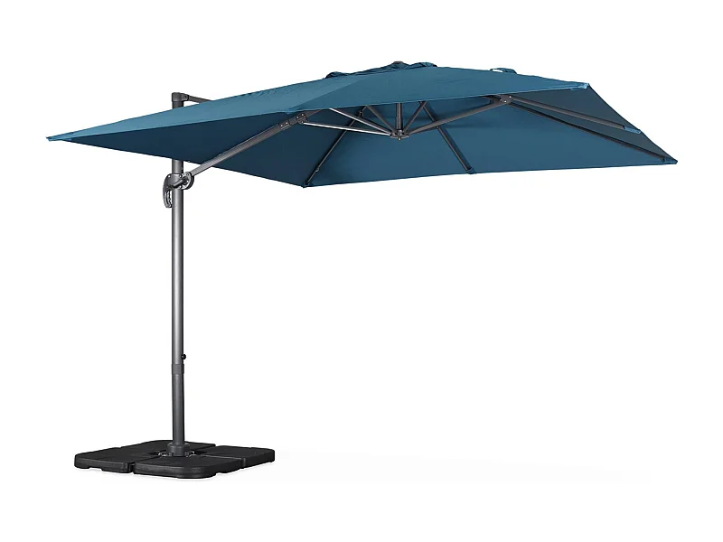 Parasol déporté carré bleu canard 3x3m structure grise + Lot de 4 dalles à lester 50x50cm
